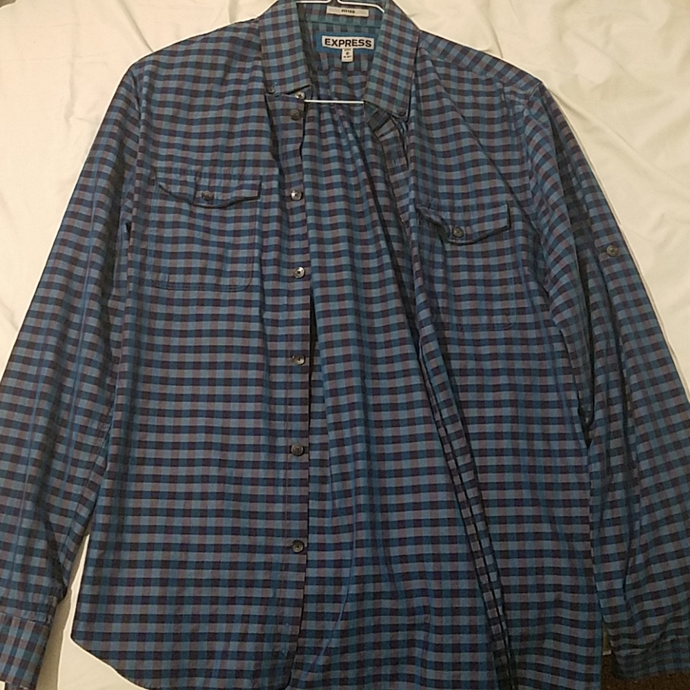 Navy and Turqoise Fitted Men's Dress Shirt